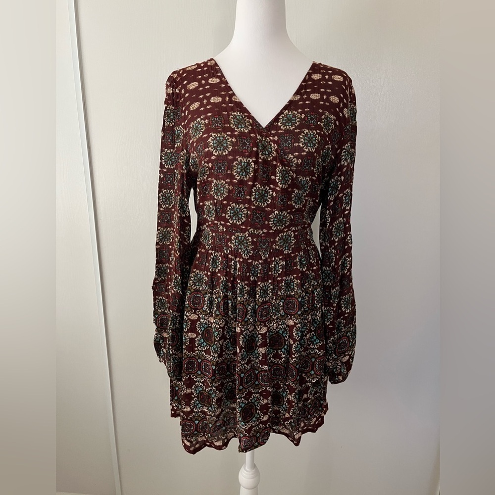Patron of Peace Boho Faux Wrap Long Sleeve Dress Medium